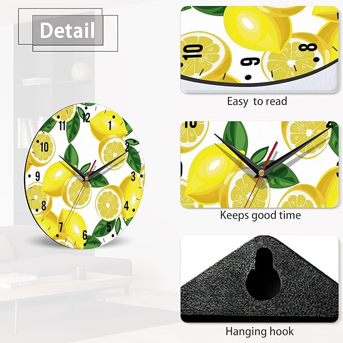 SPUNKER Clocks for Living Room,Lemon Wall Clock Battery Operated 10 Inch,Tropical Fruit Leaves Round Clock Silent Non-Ticking Wall Decor for Farmhouse Office Home School Living Room Bedroom