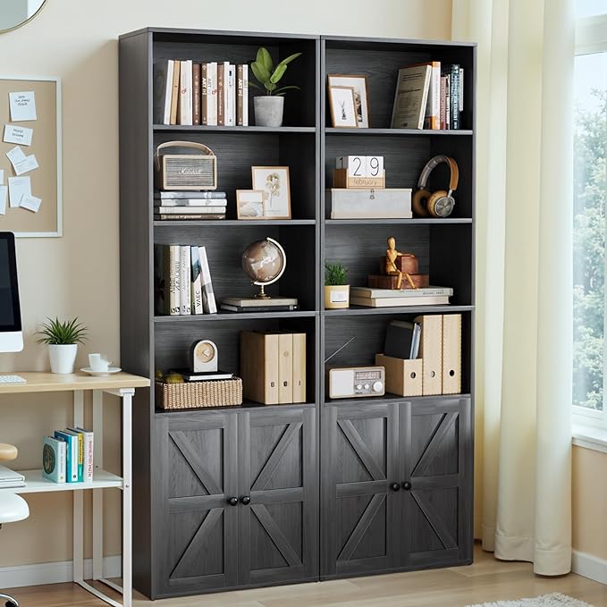 YESHOMY 6 Tier Bookcase and Bookshelf, Tall Book Shelf with Doors & Adjustable Shelves, Floor Display Storage Cabinet Home Decor for Living Room, Office, Grey