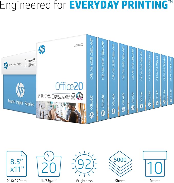 HP Printer Paper | 8.5 x 11 Paper | Office 20 lb | 10 Ream Case - 5000 Sheets | 92 Bright | Made in USA - FSC Certified | 112110C