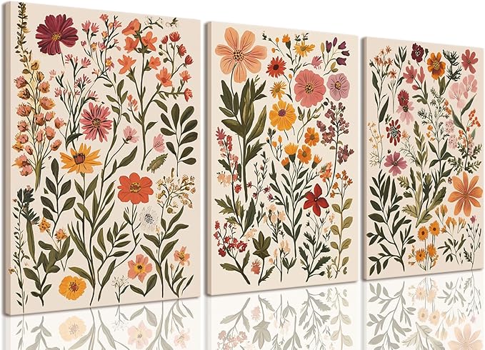 KISSFOX 3 Piece Boho Floral Canvas Wall Art For Bedroom Cottagecore Wild Flower Wall Art Colorful Nature Modern Botanical Art Prints For Nursery Living Room,16x24 in