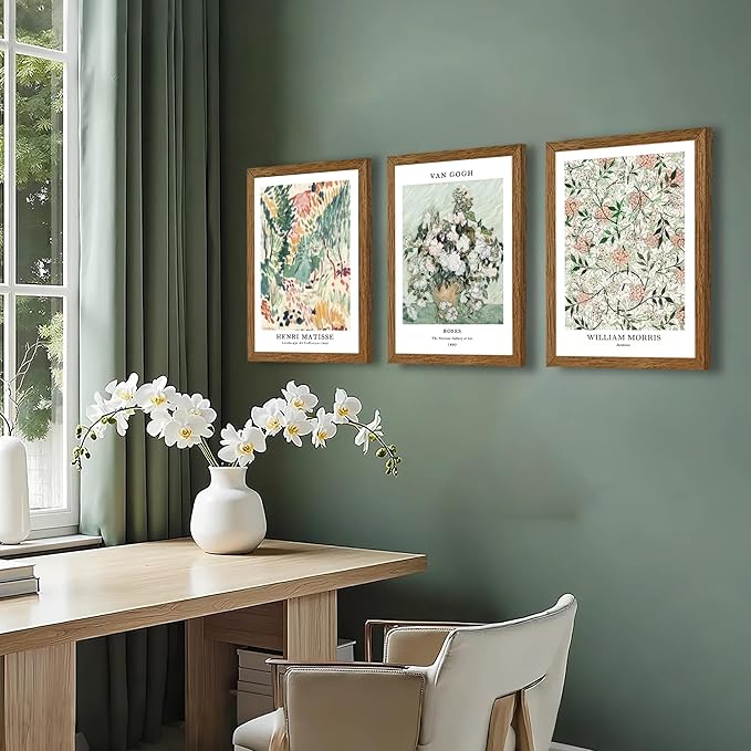InspiredHues Matisse Van Gogh Morris Canvas Wall Art Set of 3, Sage Green Beige Neutral Flower Wall Decor, Vintage Botanical Art Prints for Living Room Bedroom Office Home Decoration 12x16 Wood Framed