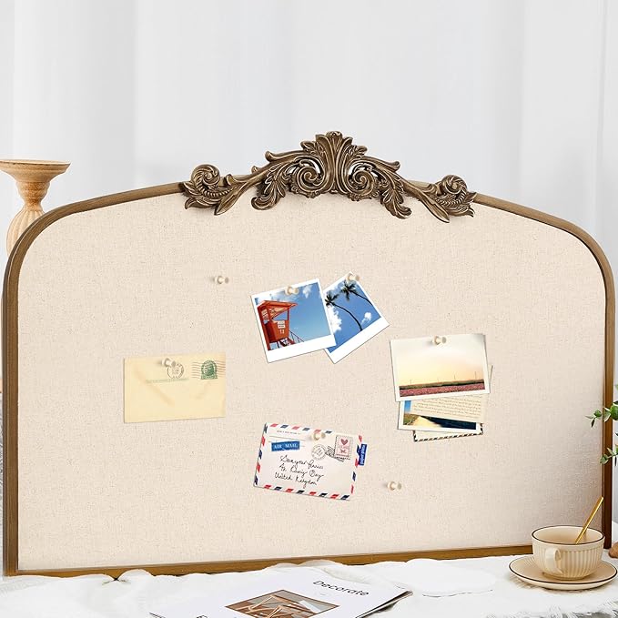 Vintage Framed Pin Board Linen Display Bulletin Board Large Cork Fabric Picture Photo Pinboard Memo Ornate Decorative Pinboard Ornate for Wall Gift(Arch,23.6" X 35",Antique Golden)