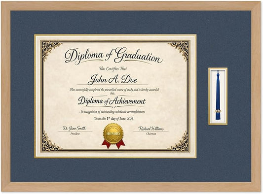 Diploma Frame with Tassel Holder Natural Wood Shadowbox Navy Blue Over Gold Mat - Fits 17 x 13 Degree Made in the USA