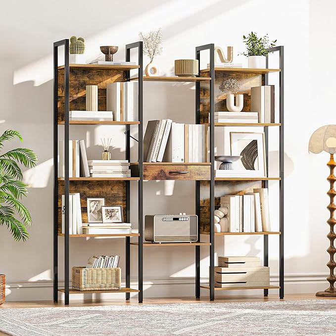 HOOBRO Triple Book Shelf, Industrial Bookshelf with Drawer, 5-Tier Bookcase with Metal Frame, Bookcase with 13 Open Display Shelves for Home Office, Living Room, Rustic Brown and Black BF160SJ01