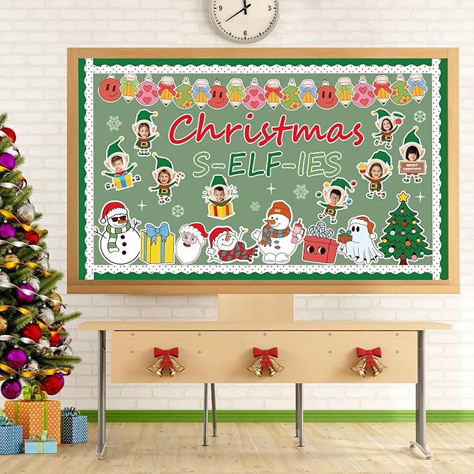 Christmas Elf Bulletin Board Decorations Set Xmas Elf DIY Photo Crafts for Kids Winter Snowman Xmas Ball Elf Cutouts for Classroom Wall Decor Holiday Festival Party Classroom Office School Wall Door