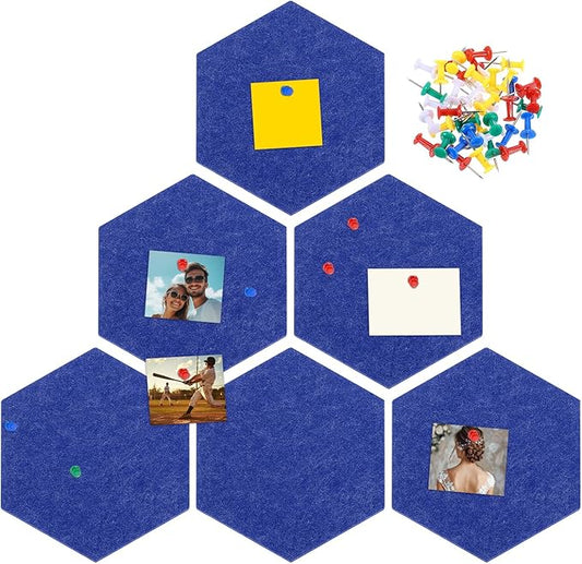 uxcell 6 Pcs Hexagon Felt Pin Board with 40 Pcs Pushpins 8.7" x 7.5" Self Adhesive Felt Bulletin Board Cork Boards for Walls Decorations Paste Notes Photos Schedules, Dark Blue