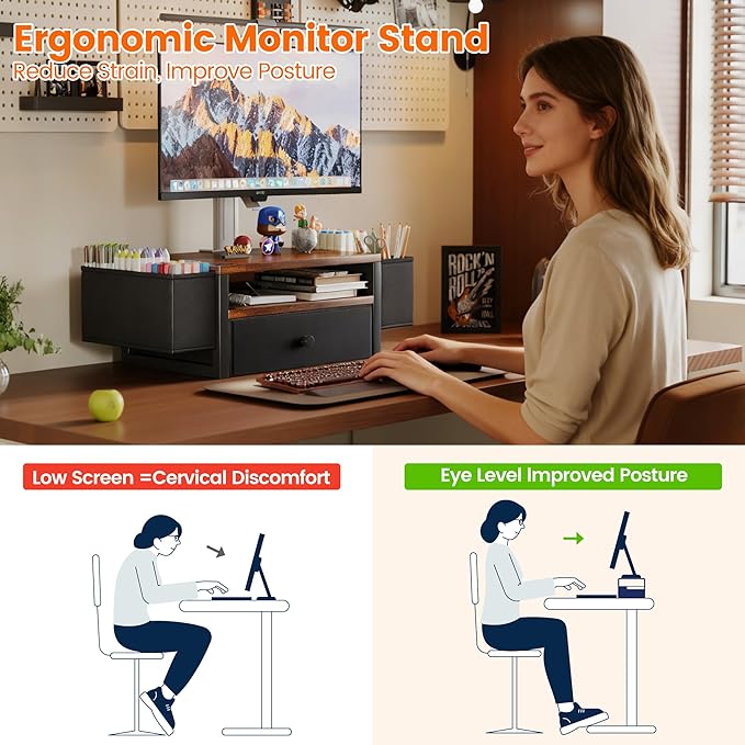 Homeiju Desk Organizers and Accessories, 3-Tier Computer Monitor Stand Riser with Fabric Drawer & 6 Pen Holder, Office Desk Accessories Workspace Desktop Organizer for Office Supplies, Rustic Brown