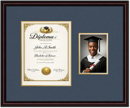 CountryArtHouse Fits 8.5 x 11 Certificate (Portrait) and 5 x 7 Photo Diploma and Photo Frame Executive Brown Genuine Hardwood with Navy Blue Over Metallic Gold Double mat