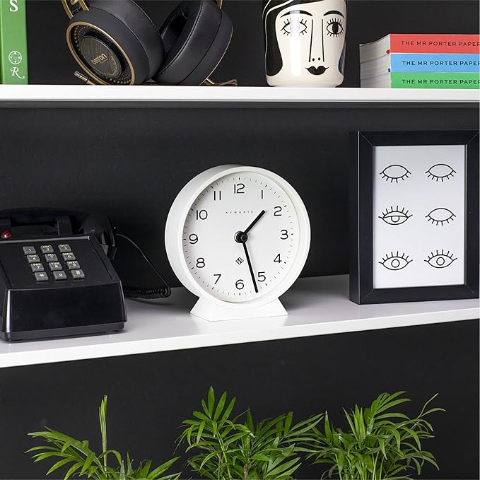 NEWGATE® M Mantel Echo Desk Clock | Modern Round Design | White | Easy to Read Numbers | Contemporary Style for Desk, Table, Shelf or Bedside