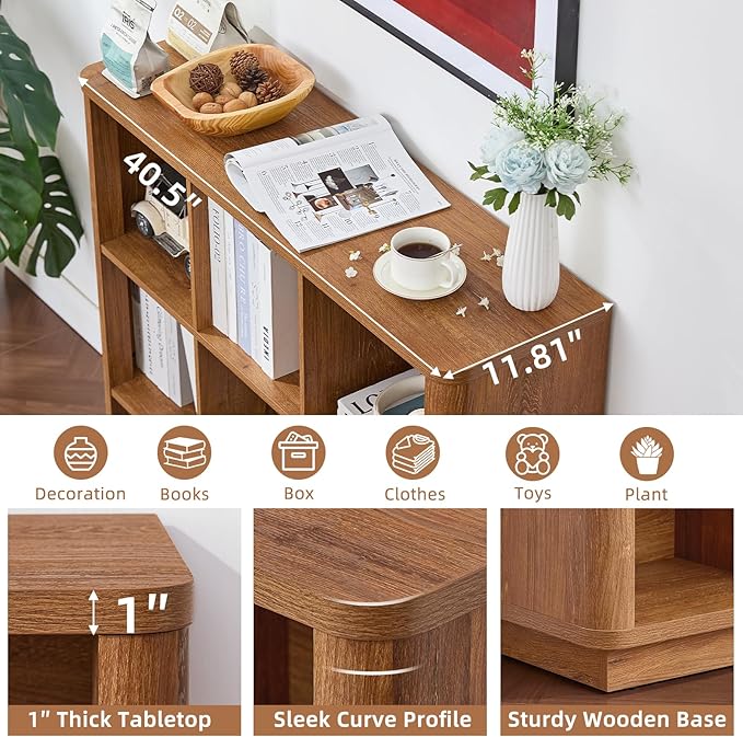 9 Cube Storage Book Shelf, 40.5" Wide Organizer Bookshelf with Curved Edge, Wood Floor Standing 3-Tier Cubby Bookcase with Base, Country Rustic Display Book Case for Library, Office, Brown