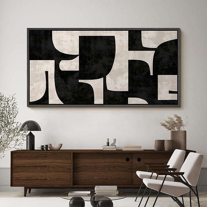 SIGNFORD Extra Large Framed Canvas Black and Beige Geometric Abstract Mid-Century Illustrations Modern Art Calm Warm for Living Room, Bedroom, Office - 60"x30"
