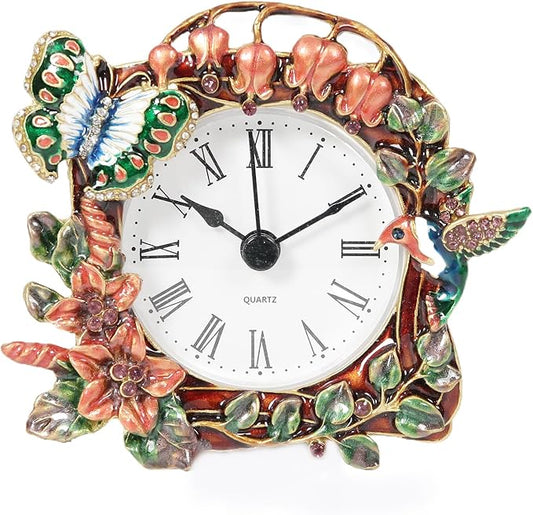Mini Tabletop Clock, Decorative Vintage Floral Metal Table Clock with Battery Operated for Bedside, Table, Living Room, Home and Office