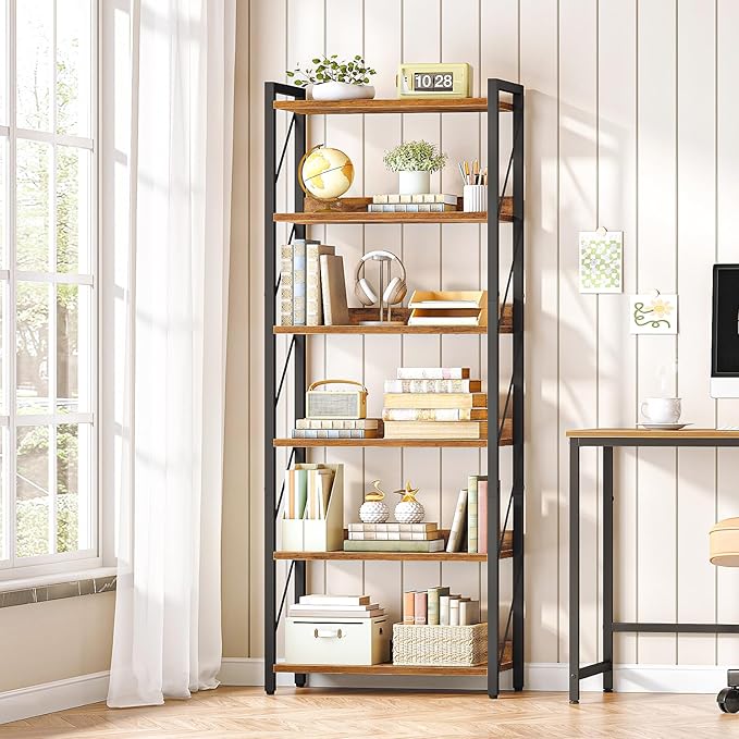 HOOBRO Bookshelf, 6-Tier Industrial Bookcase, Book Shelf Storage Organizer, Tall Bookshelf with Metal Frame for Living Room, Bedroom, Home Office, Kitchen, Rustic Brown and Black BF726SJ01