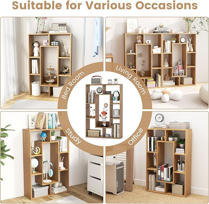 Tangkula 35.5” Geometric Bookshelf, Freestanding Wood Open Bookcase with 7 Cubes, Anti-Toppling Devices, Home Office Décor Rectangular Storage Shelf Display Rack for Study Living Room (1, Natural)
