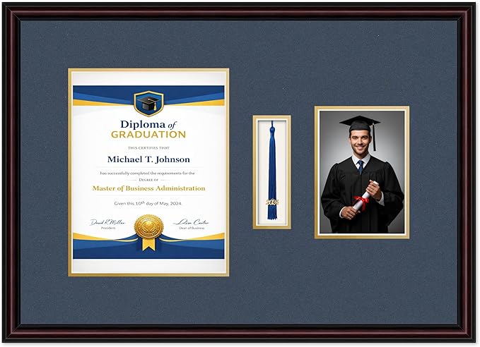 Diploma Tassel and Photo Frame Executive Brown Shadowbox Navy Blue Over Gold Mat - Fits 8.5 x 11 Degree Picture Made in the USA