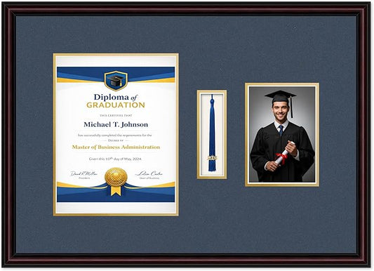 Diploma Tassel and Photo Frame Executive Brown Shadowbox Navy Blue Over Gold Mat - Fits 8.5 x 11 Degree Picture Made in the USA