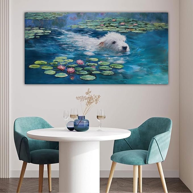 Dog Monet Wall Art with - Large Canvas Wall Art for Bedroom - Framed Landscape Pictures Decor - Classic Vintage Artwork for Living Room, Bedroom, or Office Paintings Wall Decor 24×48IN
