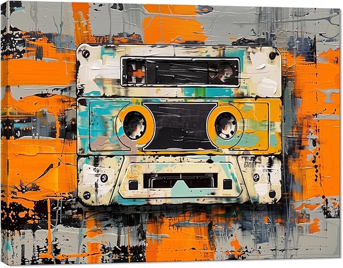 Tape Cassettes Graffiti Wall Art, Large Colorful Framed Wall Decor for Bathroom Bedroom Office Living Room,Pop Culture Abstract Art Posters Stretched and Framed Ready to Hang 12"X16"