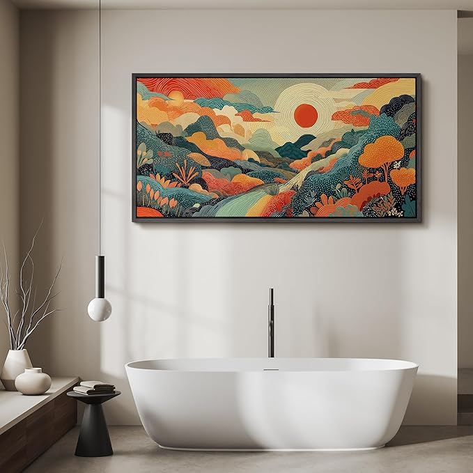 SIGNFORD Extra Large Framed Canvas Whimsical Sunlit Hills Illustrations Modern Art Calm Warm for Living Room, Bedroom, Office - 60"x30"