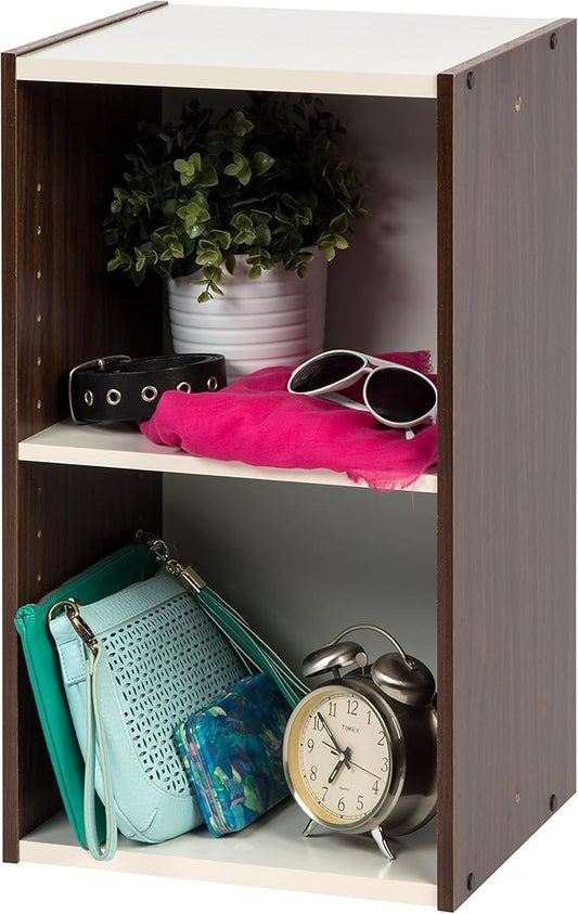 IRIS USA, Inc. 2-Tier Cubby Storage Bookshelf with Adjustable Shelves, 14" Width Stackable Easy Assembly Space Saving Shelving Unit Bookcase, Walnut Brown/White