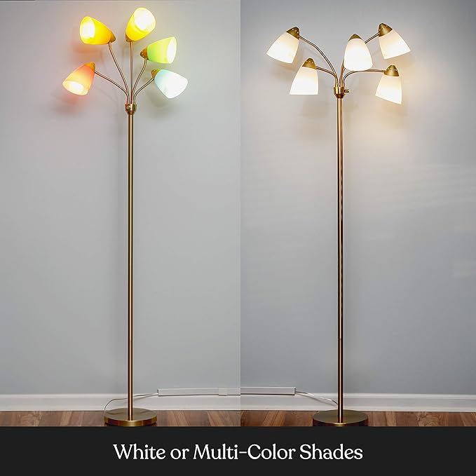 Brightech Medusa LED Floor Lamp – Multi-Head Dimmable Floor Lamp for Living Rooms & Offices – Tall Lamp with Interchangeable Shades, Adjustable Standing Lamp for Bedroom Reading – Brass/Gold