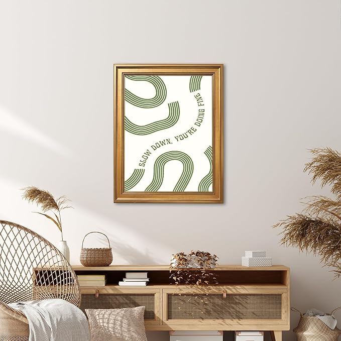 Slow Down You’re Doing Fine Wall Art Retro Minimalist Motivational Quote Music Poster Inspirational Midcentury Song Lyrics Sage Green Canvas Prints for Bedroom Home Decor 16x24inch Vintage Framed