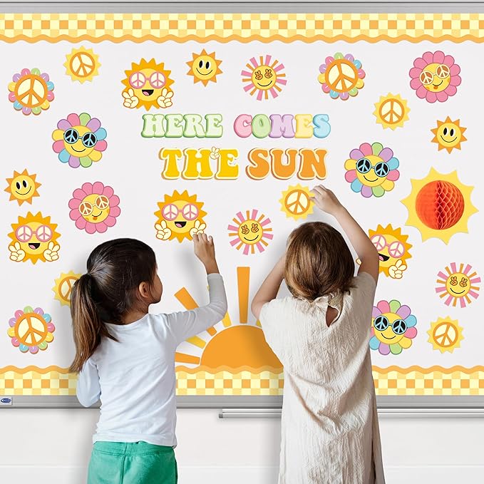 Xqumoi Retro Here Comes The Sun Bulletin Board Decorations - 84Pcs Groovy Hippie Boho Cutouts Name Tags Checkerboard Boarder Trim Back to School Classroom Preschool Kindergarten Chalkboard Wall Decor