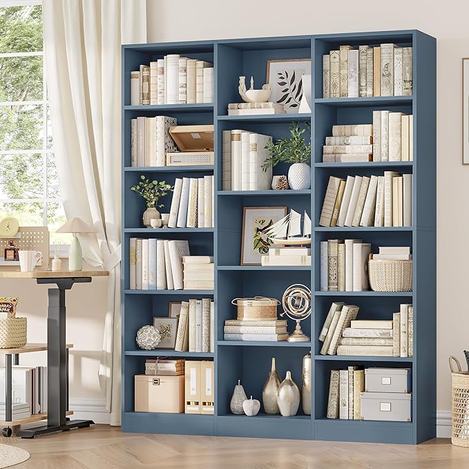 FACBOTALL Triple Wide Bookshelf, 6 Tier Large Bookshelf, Bookcase with 17 Open Display Shelves, 74'' Tall Bookcases and Bookshelves for Living Room, Home Office, Library, Blue