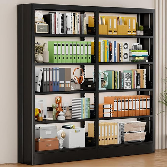 70.9" H Metal Bookshelf, Adjustable Bookcase, 5-Tier Heavy Duty Bookshelf with Bookend, Tall Bookshelves, Bookcase Shelf for Living Room, Office, Library,Classroom (Black-72.8W)