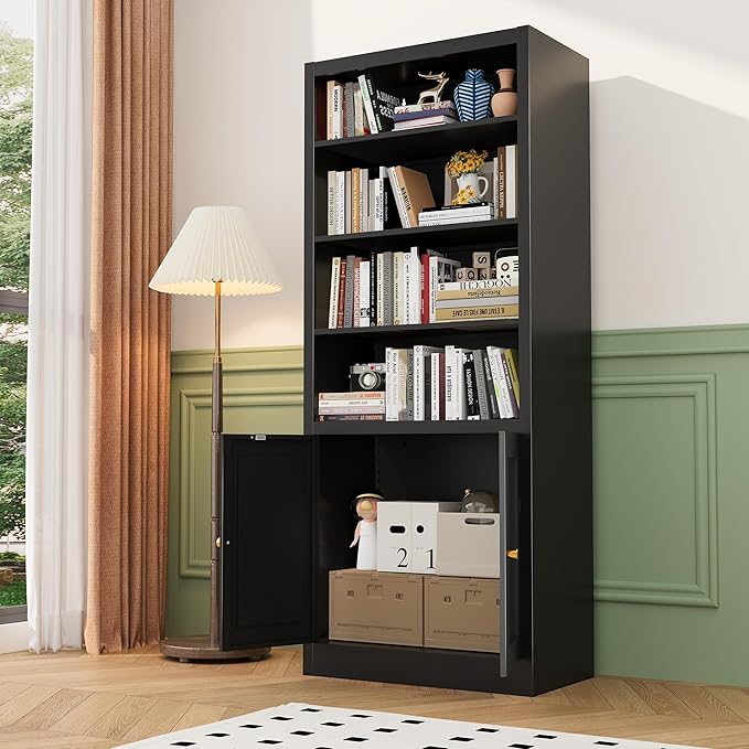 Black Bookcase, Library Office Book Shelf with Adjustable Shelves, Tall Bookcase with Doors for Bedroom Living Room Kitchen. Metal Bookshelf Ideal for Home Organization & Stylish Upgrades