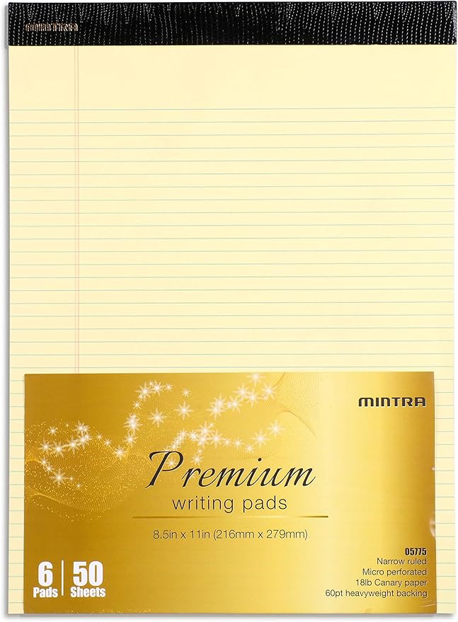 Mintra Office Canary Legal Pads - Premium Quality Heavyweight Paper With Micro-perforated sheets, Smooth-lined paper, Ideal for Office Tasks, Assignments or Notes, Meetings, and Journaling, 6 pack, Yellow Paper, Narrow Ruled, Premium Writing Pad, 8.5"x11"
