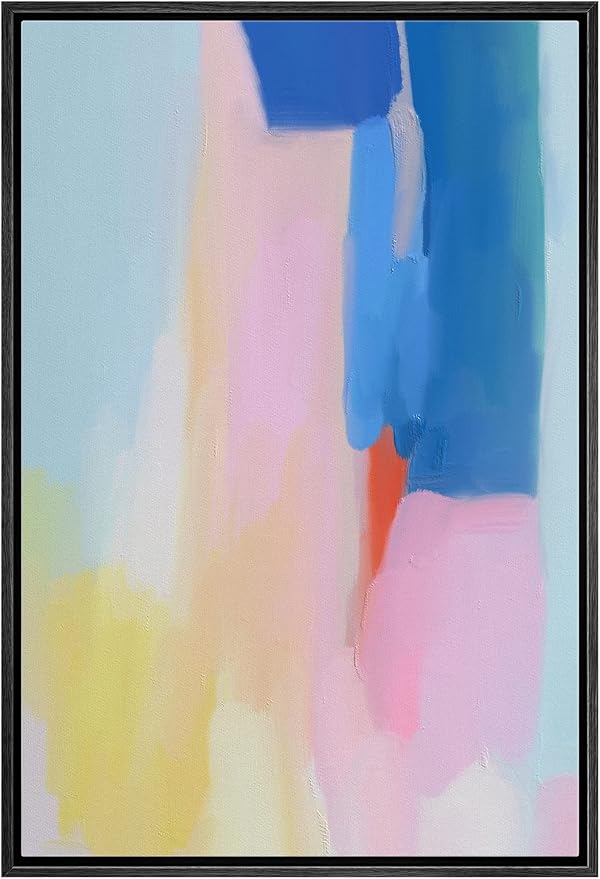 MUDECOR Framed Canvas Print Wall Art Vibrant Blue Pink Yellow Color Field Abstract Shape Illustrations Modern Art Decorative Bohemian Colorful Chic for Living Room, Bedroom, Office - 24"x36" Black