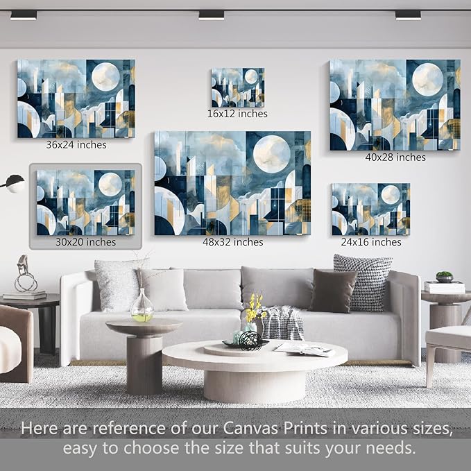 gaosoul Modern Abstract Canvas Wall Art Blue Artistic Cityscape Geometry Paintings Framed Minimalism Stylish Artwork Prints for Living Room Bedroom Office Decor 30x20in