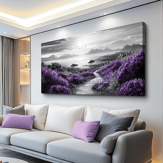 FUHAIHUA Canvas Wall Art For Living Room Wall Decor For Bedroom Office Wall Decoration Purple Flowers Landscape Painting Black And White Pictures Artwork Room Aesthetic Home Decor 20x40 In
