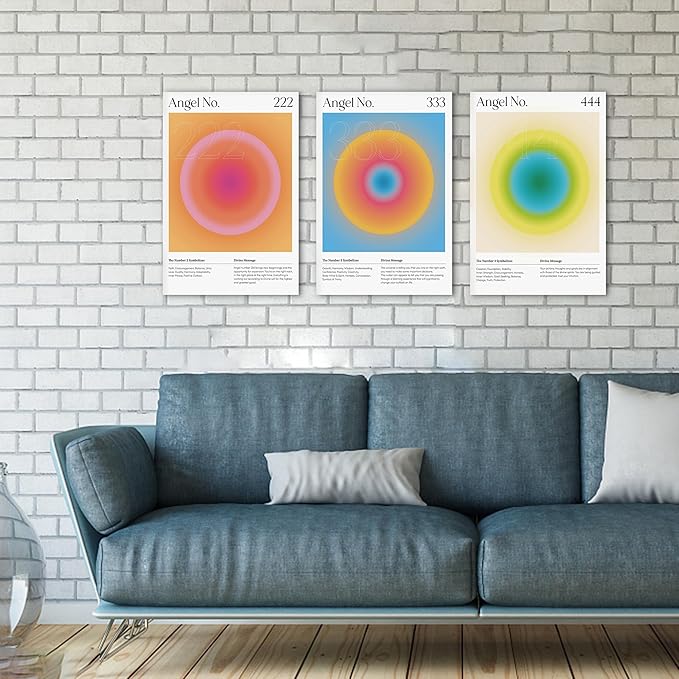 SHMAO Colorful Gradient Aura Angel Numbers Poster Canvas Wall Art for Room Aesthetic Inspirational Spiritual Wall Art Paintings Abstract Minimalist Wall Decor for Bedroom 16"x24" x 3 Pcs