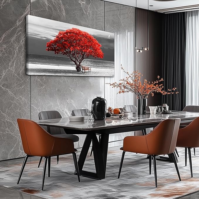 wall art for living room Decorations Photo Prints - panoramic black and white with red trees The moon Landscape - Modern Home Decor The room Stretched and Framed Ready to Hang artwork 20x40inches