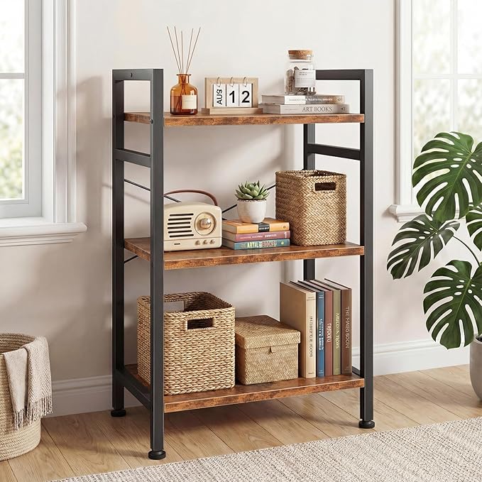 DUMOS 3 Tiers Bookshelf, Classical Book Shelf, Tall Display Shelves in Living Room/Home/Office, Storage Organizer for CDs/Books/Movies, Brown