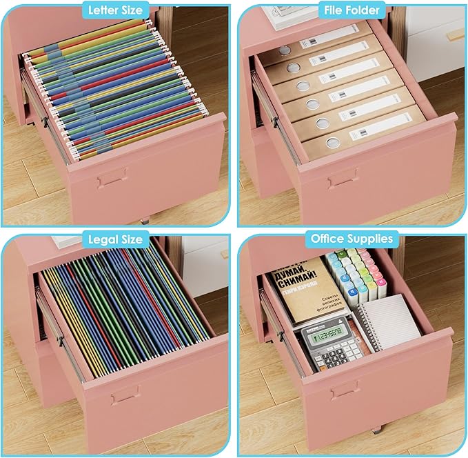 Aobabo 2 Drawer Filing Cabinet with Wheels, Lockable Metal File Cabinet with Business Card Slot for Legal/Letter Size Home Office, Required Assembled,Pink