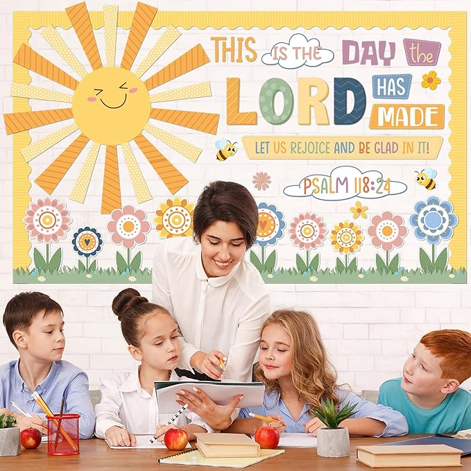 Boho Religious Bulletin Board Set Spring Theme Flower Classroom Decoration Christian Cutout Floral DIY Photo Posting Craft Bible Bulletin Board for Teacher Chalkboard Wall Decor Sunday School Supplies