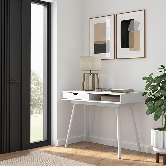 Nora 40W Writing Desk in Pure White | Compact Writing Table with Storage, Workstation for Home Office or Study Room