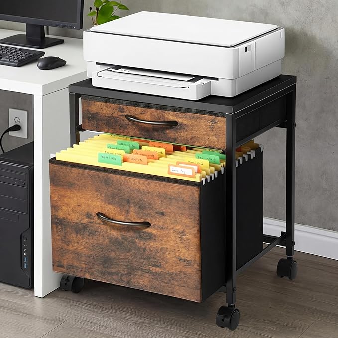 Rolling Mobile File Cabinet Cart with 2 Fabric Drawers A4 Letter Size Beside, Vertical Filing Cabinet on Lockable Wheels, Mobile Printer Stand Storage Under Desk for Home Office(Rustic Brown)