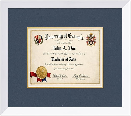 CountryArtHouse Diploma Frame Fits 10 x 8 Professional License - Keepsake Graduation Display Bright White Genuine Hardwood with Navy Blue Over Metallic Gold Double mat