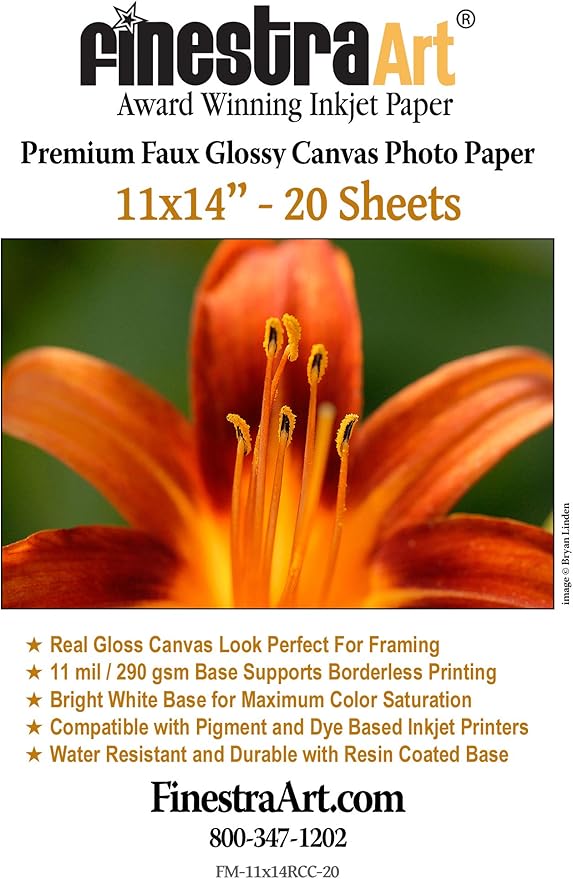 11" X 14" Premium Faux Glossy Canvas Inkjet Photo Paper - 20 Sheets