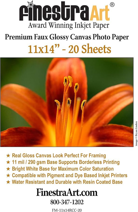 11" X 14" Premium Faux Glossy Canvas Inkjet Photo Paper - 20 Sheets