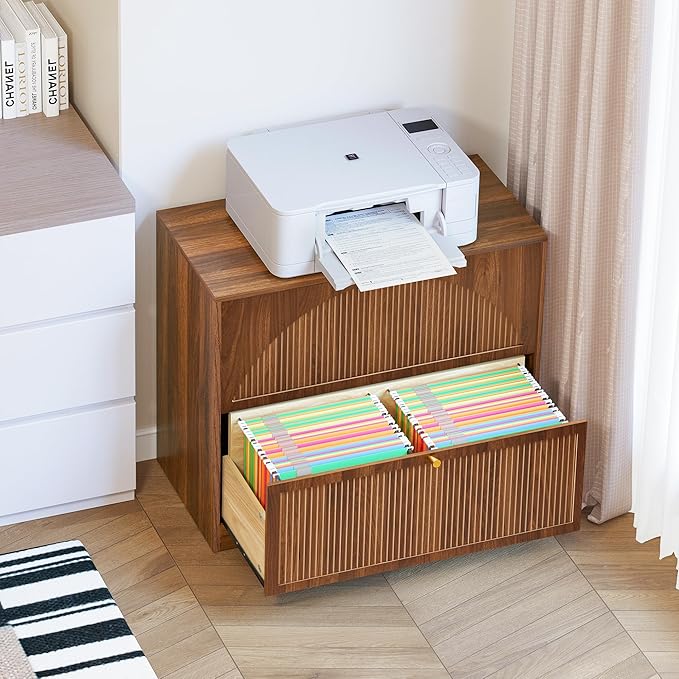 Fluted 2 Drawer Lateral File Cabinet, Office Wood File Cabinet & Printer Cabinet with Adjustable & Removable Hanging Rod for Letter/Legal/A4 (Walnut)