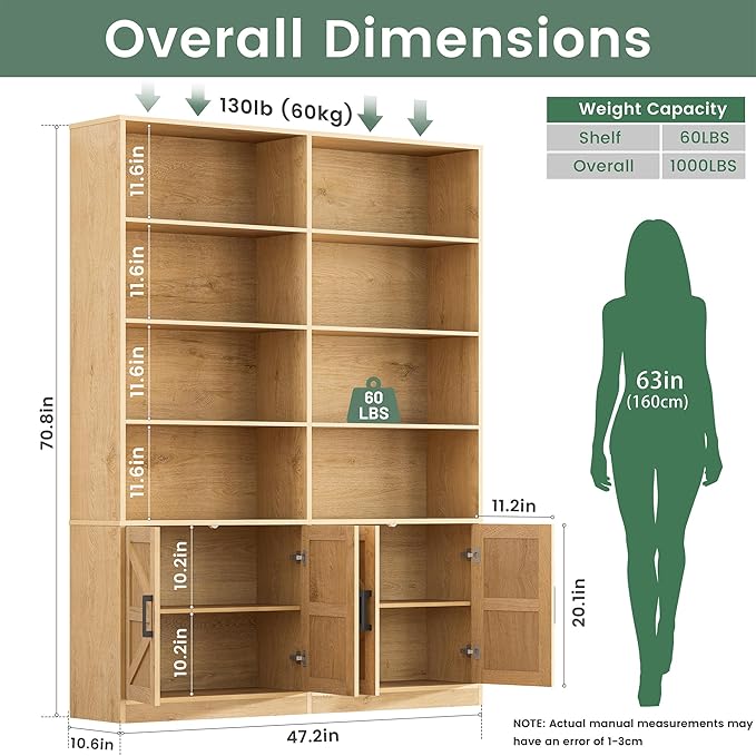 Modern Bookshelf and Bookcase with 4 Doors Set of 2, 71" Tall Double Book Shelf with Storage Cabinets, Floor Standing Open Display Shelves, 6 Tier Large Book Case for Home Office, Natural