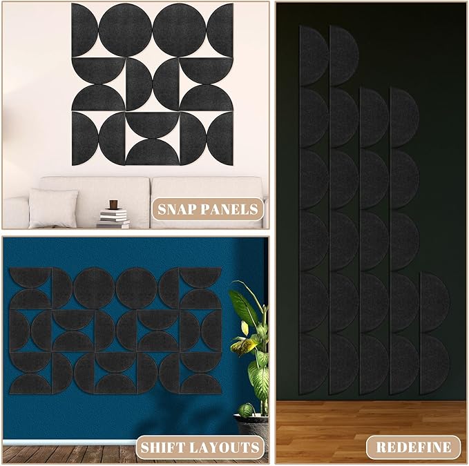 24 Pack Decorative Bulletin Board Felt Wall Tiles Bulk 11.8"x5.9" Semi-Circle Large Wall Art with Removable Adhesive Tabs for Customizable DIY Home Office Decoration Gift (Black)