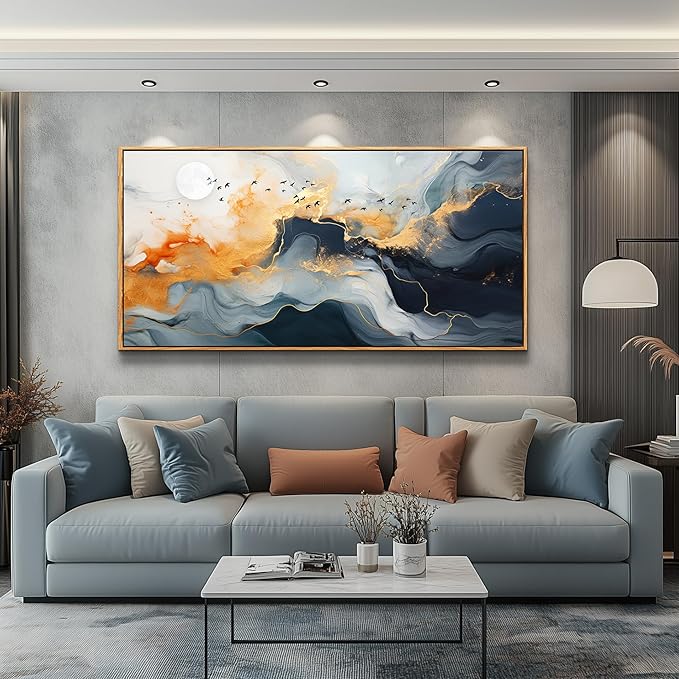 MHARTK66 Framed Wall Art Abstract Large Canvas Picture Ready to Hang Marble Fluid Art with Gold Foil Moon & Bird Design Home Decor for Living Room Bedroom Hotel Office Wall Decorative Artwork 20x40