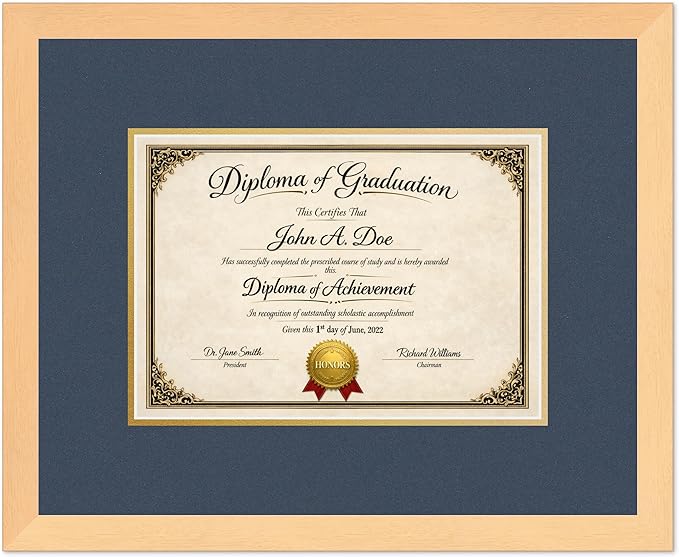 Diploma Frame Natural Wood with Navy Blue Over Gold Double Mat - Fits 11.69 x 8.27 A4 Certificate Wall Display Made in the USA