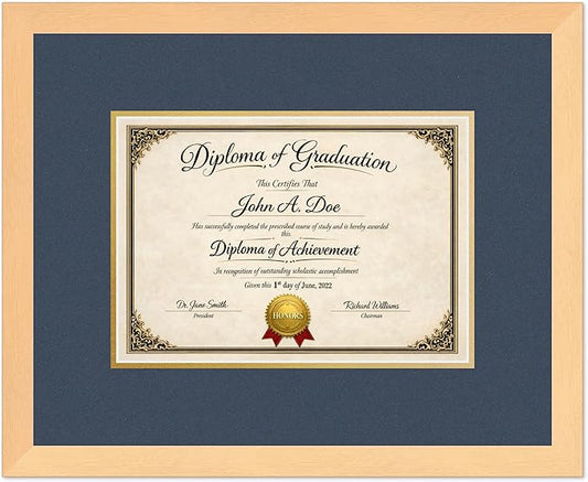 Diploma Frame Natural Wood with Navy Blue Over Gold Double Mat - Fits 11.69 x 8.27 A4 Certificate Wall Display Made in the USA
